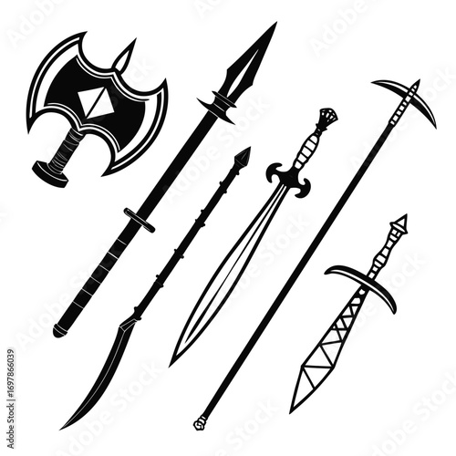 Set of medieval weapons battle axe, spear, sword, polearm, halberd, glaive, bill, bardiche, fauchard, guisarme, voulge, ranseur, spetum, dagger, and javelin