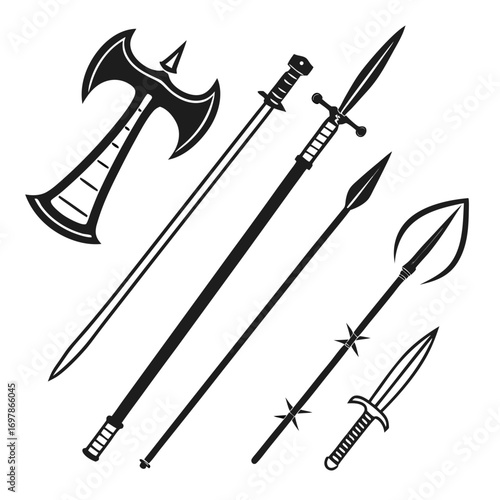 Collection of medieval weapons battle axe, sword, spear, javelin, dagger, polearm, halberd, glaive, bill, bardiche, fauchard, guisarme, voulge, ranseur, spetum