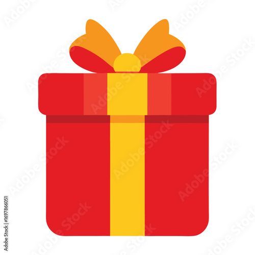 A bright red gift box tied with a yellow ribbon and orange bow