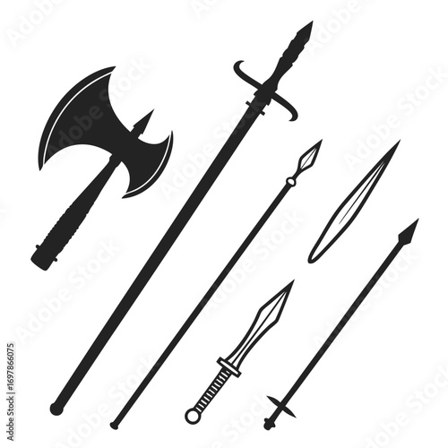 Collection of medieval weapons battle axe, sword, spear, javelin, dagger, polearm, halberd, glaive, bill, bardiche, fauchard, guisarme, voulge, ranseur, spetum