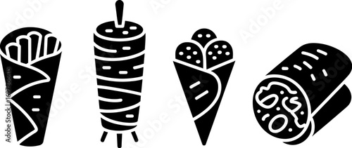 Collection of delicious street food icons including wraps, shawarma, and ice cream cones