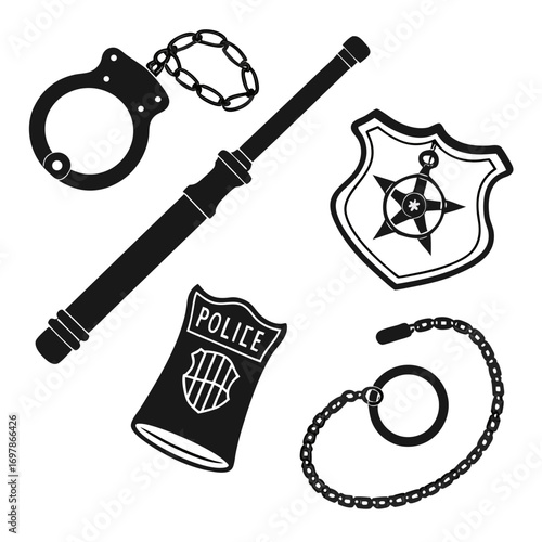 Law enforcement essentials handcuffs, baton, police badge, and restraint equipment in a minimalist vector illustration, symbolizing order and security