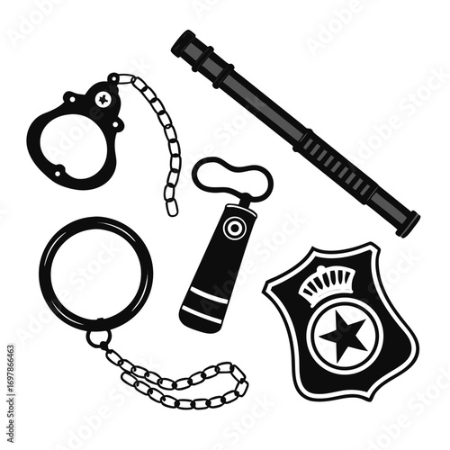 Police equipment set handcuffs, baton, badge, and taser, essential tools for law enforcement officers in maintaining order and ensuring public safety