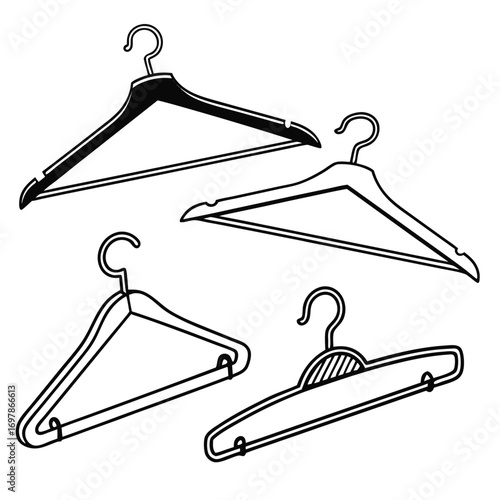 A collection of four coat hangers, each with a unique design, showcasing a variety of styles for organizing clothes and keeping your wardrobe tidy