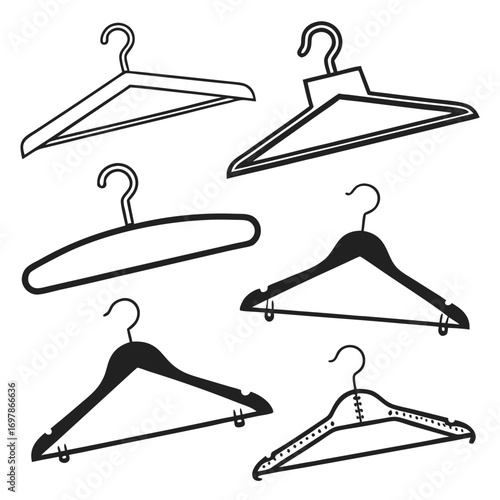 A set of six coat hangers, each with a unique design, showcasing a variety of styles for organizing clothes and keeping your wardrobe tidy