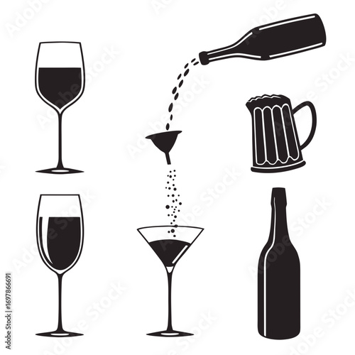 Alcoholic beverage vector illustration set of wine, beer, and cocktail elements, including bottles, glasses, and pouring action ideal for bar designs