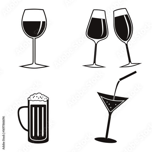 Illustration of various alcoholic beverages, including wine, beer, and cocktails, perfect for bar menus, party invitations, and drinkrelated designs