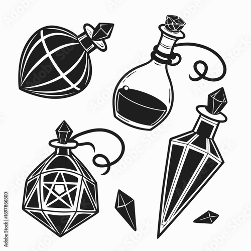Collection of magical potion bottles, each with a unique shape and design, perfect for adding a touch of fantasy and enchantment to any project