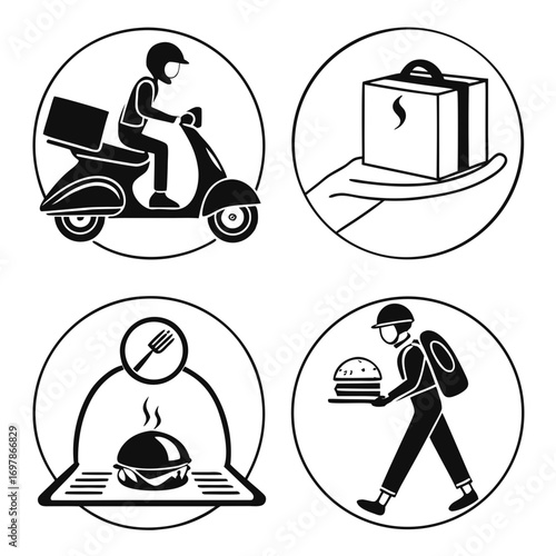 A collection of vector icons depicting food delivery services, including a scooter, a hand holding a box, a burger on a grill, and a delivery person carrying a burger