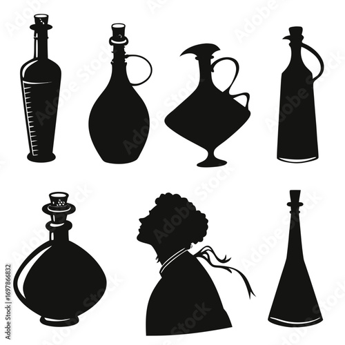 A captivating collection of black silhouettes showcasing an array of bottles and a womans profile, creating a visually striking composition