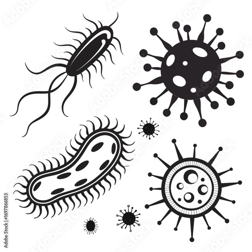 A captivating collection of black silhouettes showcasing an array of bacteria and viruses, creating a visually striking composition