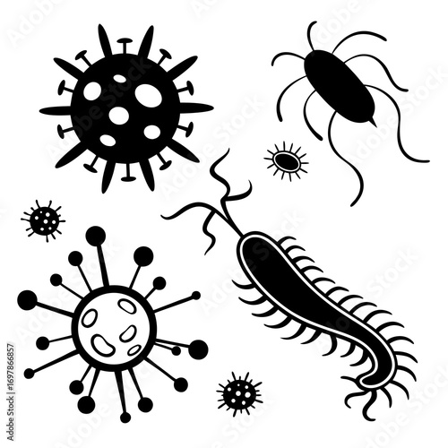 A collection of various virus and bacteria vector illustrations, showcasing diverse microbial forms and structures, ideal for scientific or educational content
