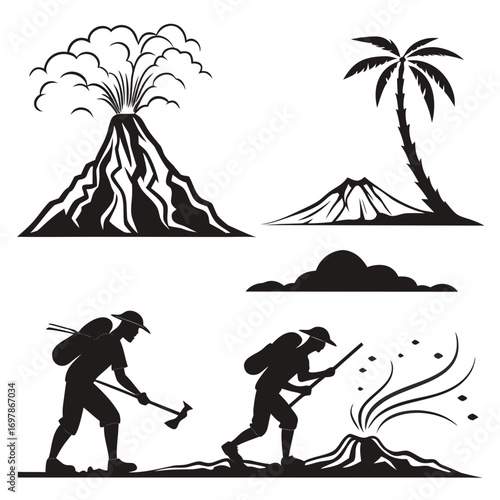 This vector graphic showcases a series of black and white illustrations depicting volcanic activity and human exploration in a tropical setting