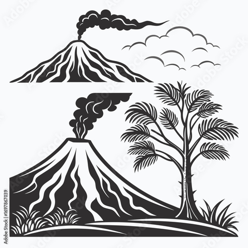 A captivating monochrome illustration showcases a volcanic landscape with two distinct volcano silhouettes, one accompanied by stylized clouds and the other by a lush palm tree