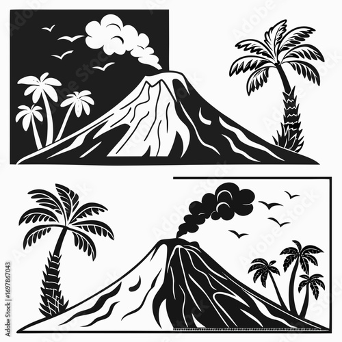 A captivating monochrome illustration showcases a volcanic landscape with two distinct volcano silhouettes, complemented by palm trees and birds in flight
