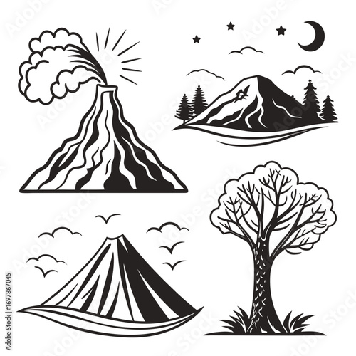 Illustration of a volcano erupting with smoke and lava, a mountain range with pine trees, a simple mountain peak, and a bare tree black and white vector