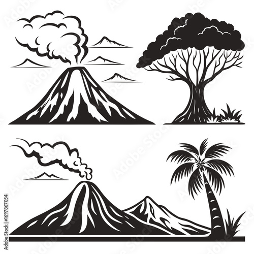 A striking monochrome illustration presents a volcanic landscape featuring two volcano silhouettes complemented by stylized clouds, mountains, and trees, including a palm tree