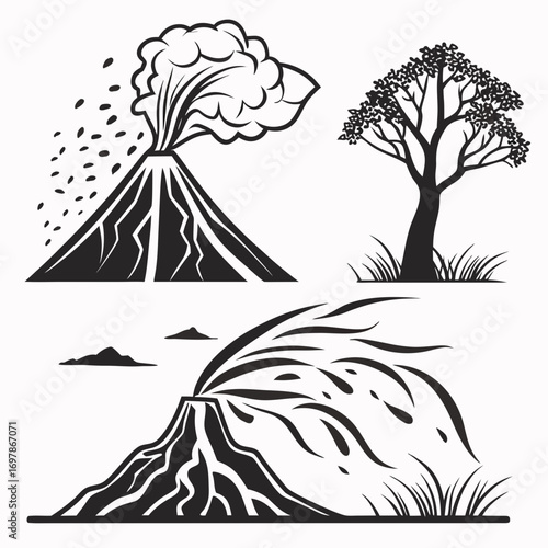 Illustration of a volcano erupting with smoke and lava, a tree with leaves, and a volcano with water black and white vector