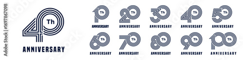 collection anniversary 10 to 100 year logo designs. abstract number for celebration event, wedding, greeting card, and invitation, vector illustration