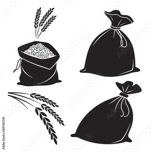 Set of black silhouettes representing bags of grain and wheat ears on a white background