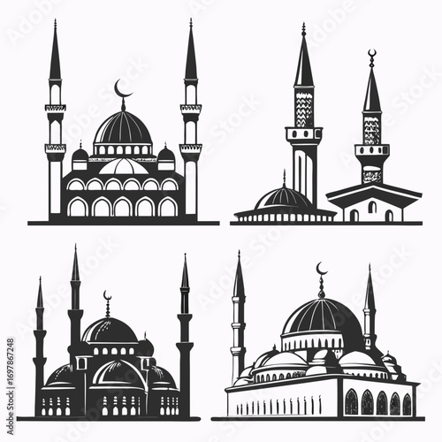 Collection of stylized black and white silhouette illustrations of islamic mosques with domes and minarets