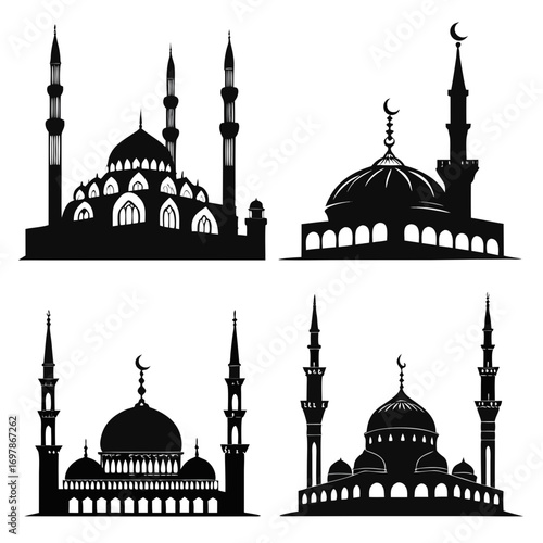 Collection of four distinct black silhouette islamic mosque architectural designs with domes and minarets on a white background
