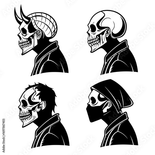 Four stylized black and white profile illustrations of skulls with different unique headwear and facial coverings