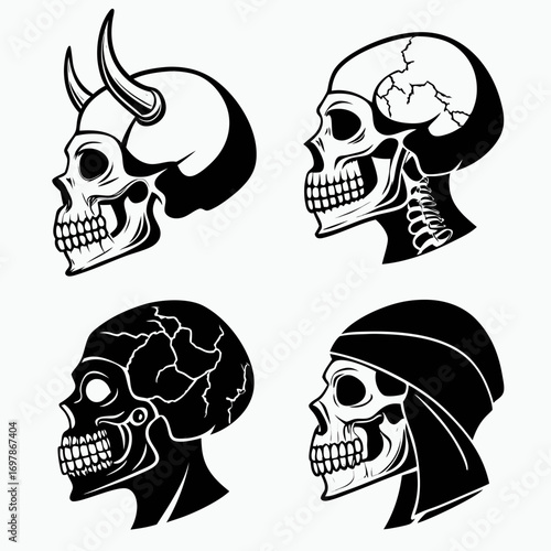 Collection of four stylized black and white skull illustrations with different features and styles