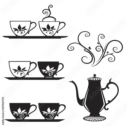 Elegant black silhouettes of teacups saucers and a coffee pot with decorative flourishes