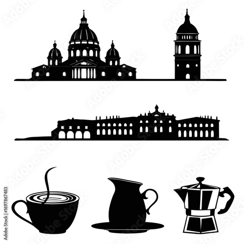 Black silhouette collection of european architecture and coffee elements isolated on white background