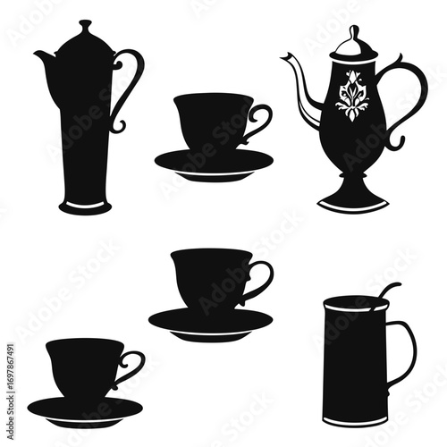 Collection of elegant black silhouette teapots cups and saucers arranged on a white background