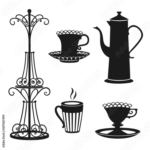 Collection of black silhouette vintage coffee and tea cups saucers and a decorative stand
