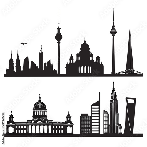 Diverse city skylines silhouetted against white background featuring famous landmarks and modern architecture