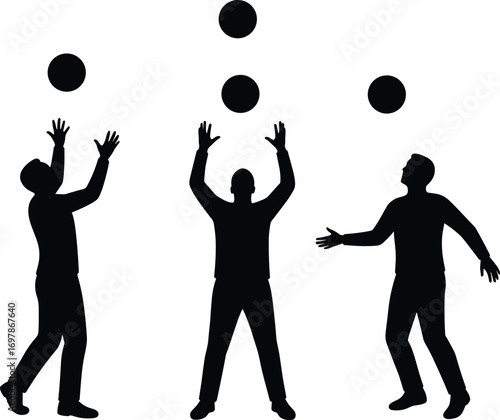 Silhouettes of three men juggling multiple balls in different poses, showcasing balance, coordination, and skillful ball handling activity