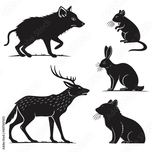 Collection of black silhouette wild animals including a deer fox rabbit mouse and cat on a white background