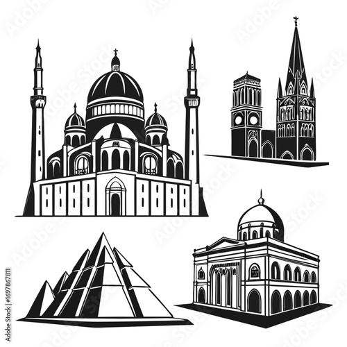 Collection of iconic architectural landmarks and ancient structures rendered in a striking black and white silhouette style