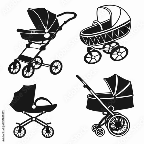 Collection of four distinct black silhouette baby prams and strollers on a white background