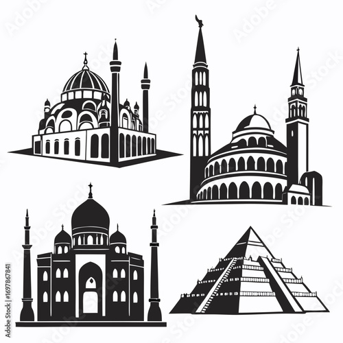 Collection of iconic silhouette landmarks including mosques taj mahal and egyptian pyramid