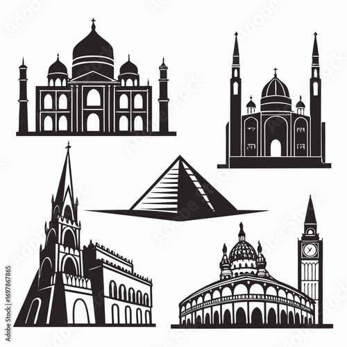 Collection of famous world landmarks and architectural silhouettes in black and white vector art