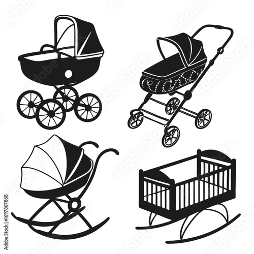 Collection of four black silhouette baby transport and sleeping items including a vintage pram a modern stroller a rocking bassinet and a rocking crib