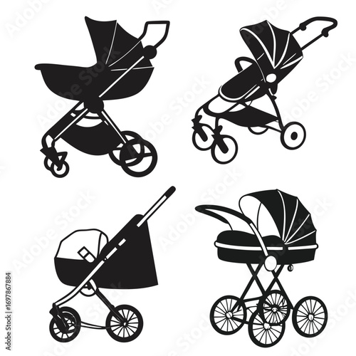 Collection of four black silhouette baby strollers and prams on a white background