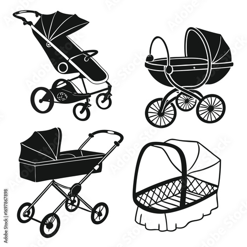 Collection of stylized black silhouette illustrations of baby carriages and bassinets on a white background