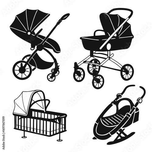 Collection of four black silhouette illustrations of baby transport items including strollers and a crib