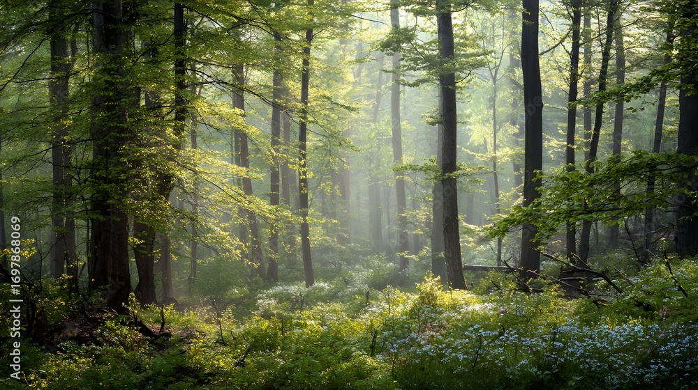 Obraz premium Morning sunlight through misty spring forest scene
