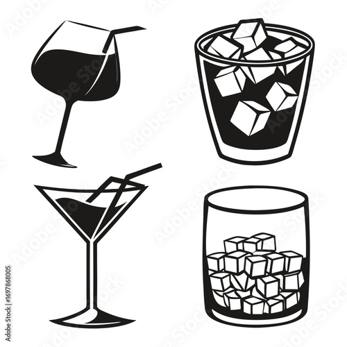 Collection of four stylized black and white vector illustrations of alcoholic and non alcoholic beverages in glasses with ice cubes and straws