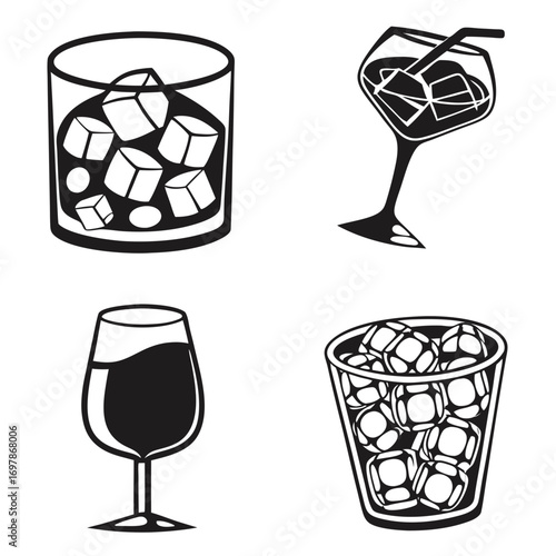 Collection of four black and white graphic illustrations of alcoholic and non alcoholic beverages with ice cubes and a straw