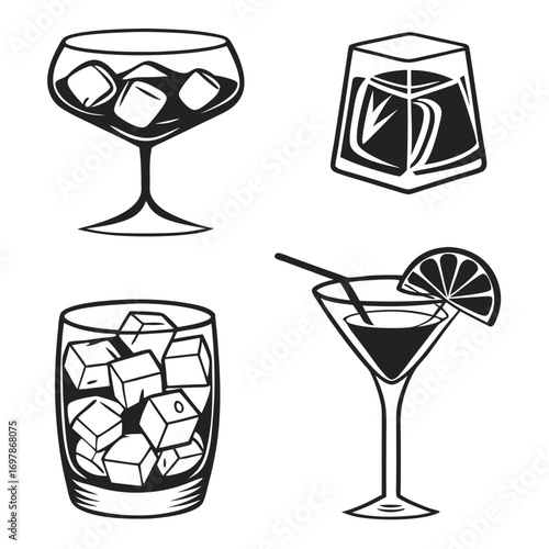 Collection of four stylized black and white vector illustrations of alcoholic beverages with ice cubes and garnishes
