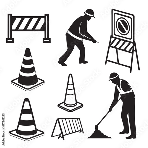 Collection of black silhouettes representing construction workers traffic cones and safety barriers on a white background