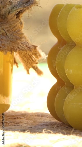 Apiary. Bees collect honey in honeycombs. The product of bees' vital activity is honey.