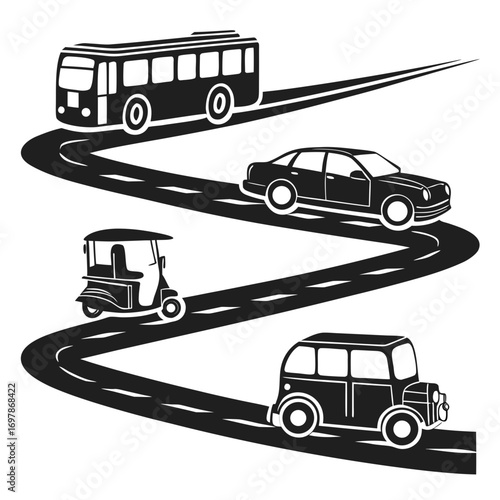 Diverse vehicles including a bus sedan tuk tuk and vintage car travel along a winding road